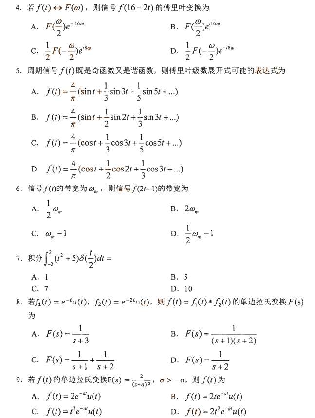 2021年4月全国统一命题考试自考信号与系统真题02