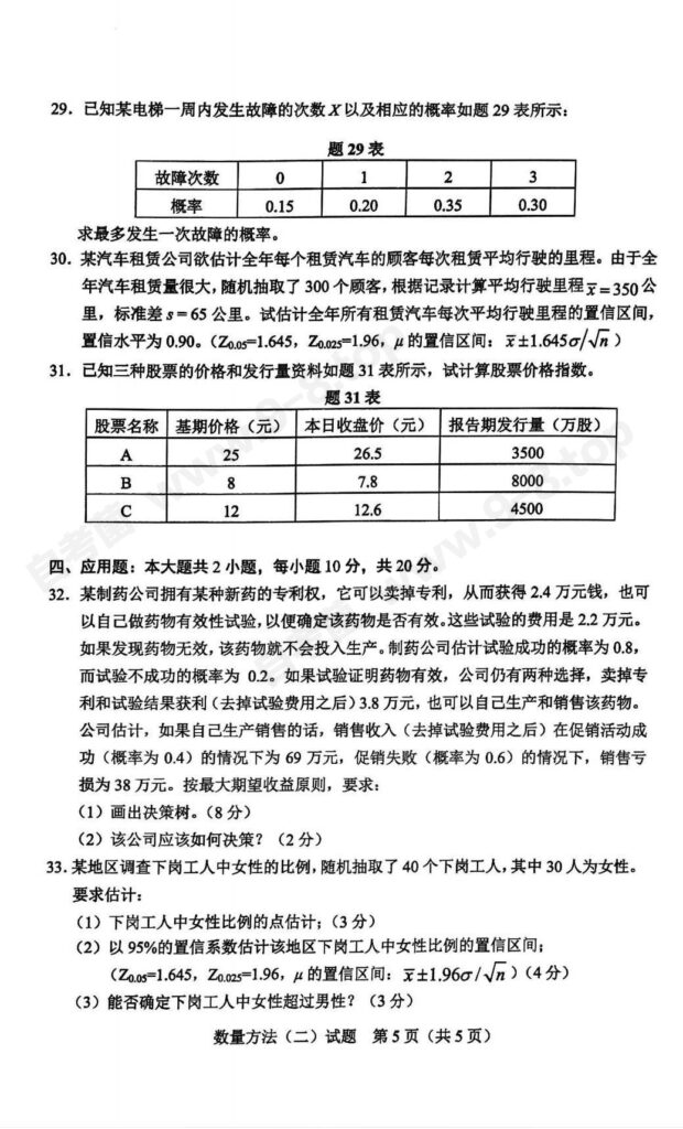 2024年4月自考00994数量方法(二)试题第29-31题