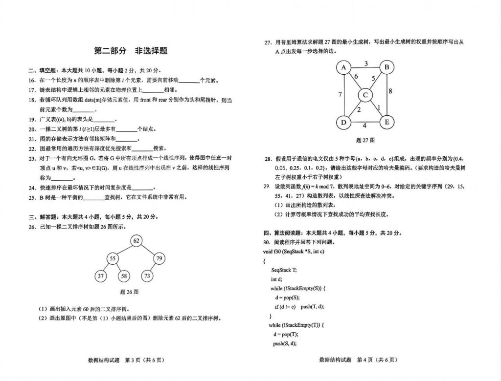2024年10月自考02331数据结构试题第16-30题